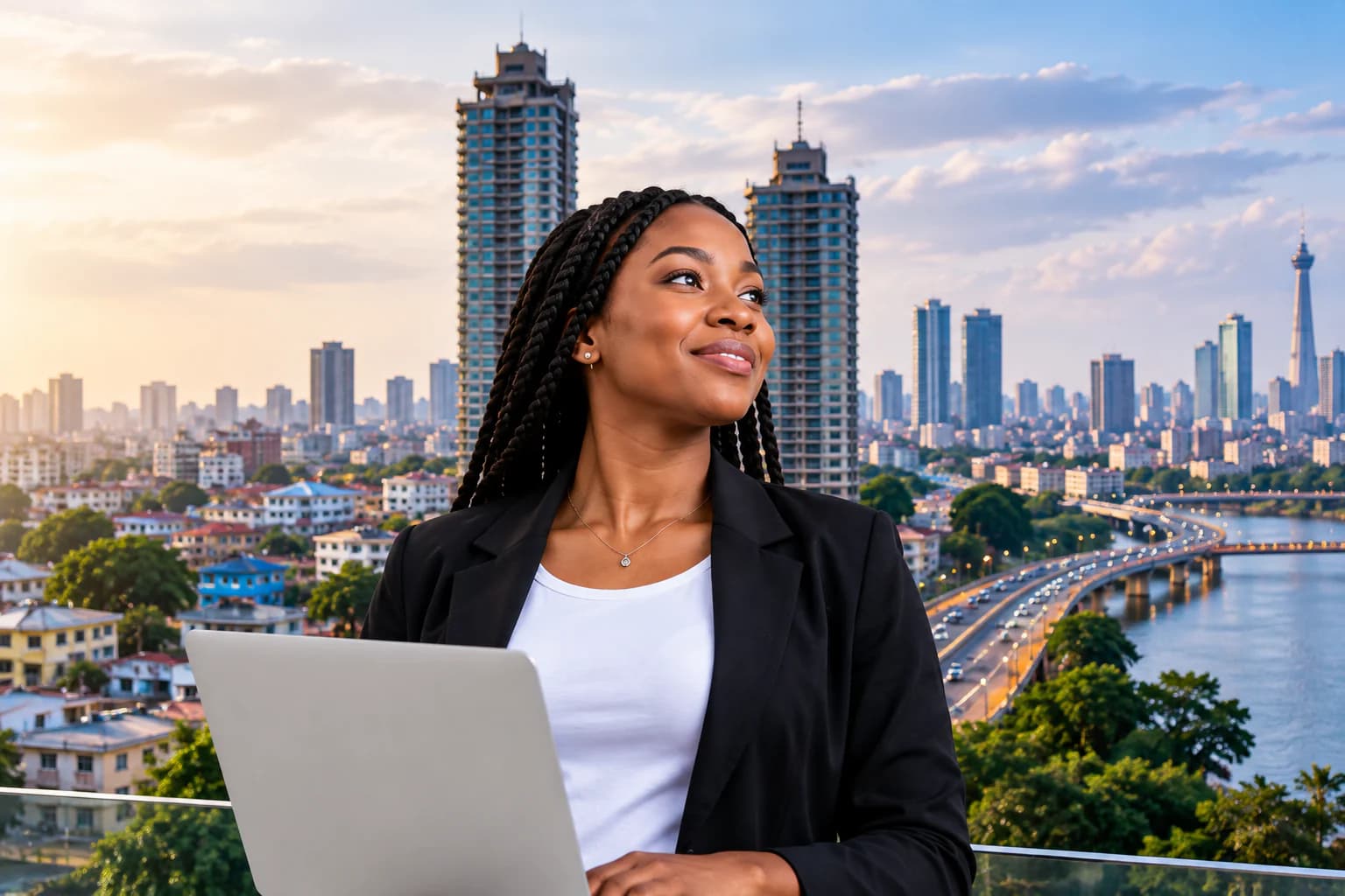 Professionnelle congolaise devant Kinshasa avec son ordinateur